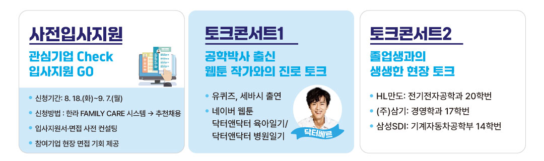 사전입사지원, 토크콘서트 1, 토크콘서트 2 프로그램 안내
